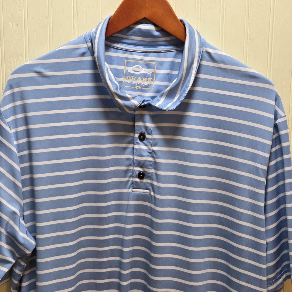 Drake Polo Shirt Mens XL Blue Stripe Stretch Golf Performance Knit Top